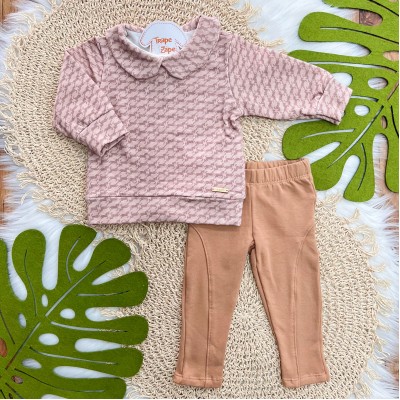 Conj. Blusa Manga Loga com Estampa Pied-de-Poule e Calça Legging - Rose